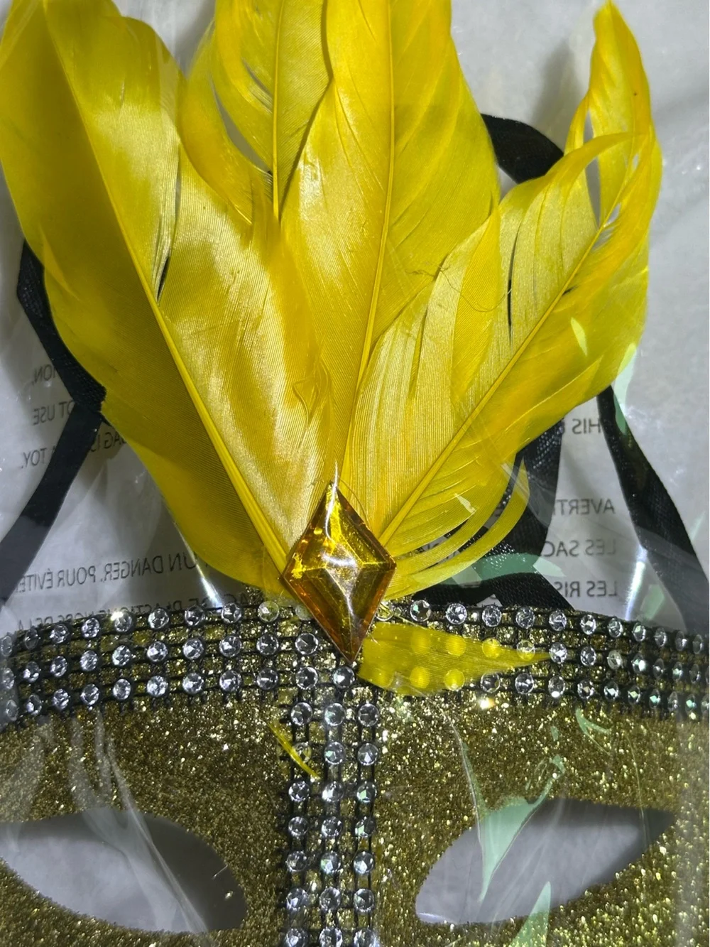 🎭 Gold Glitter Masquerade Mask Yellow Feathers Rhinestones Mardi Gras Costume 🎭